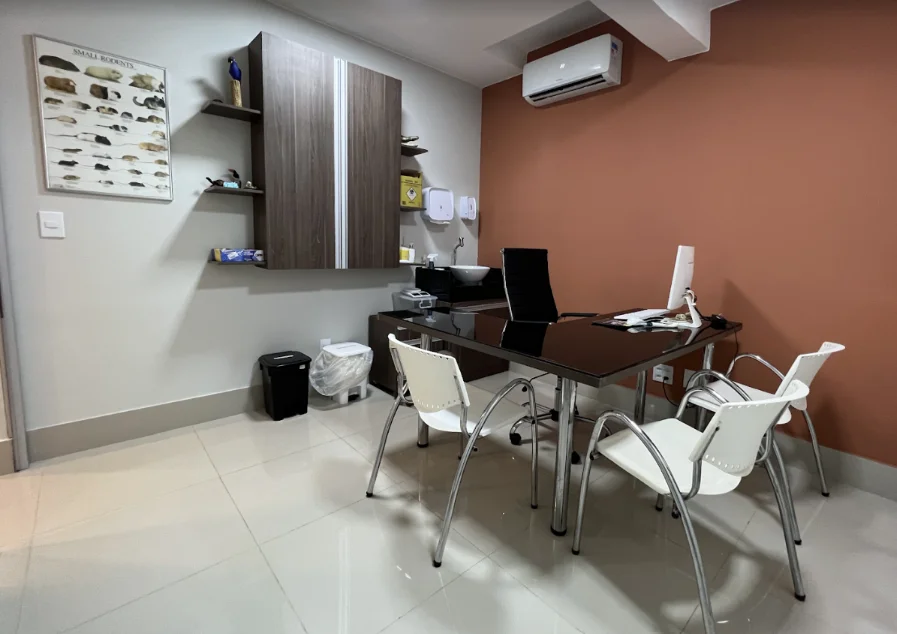 Consultório da Exotic Life com mesa de atendimento, cadeiras e materiais de apoio